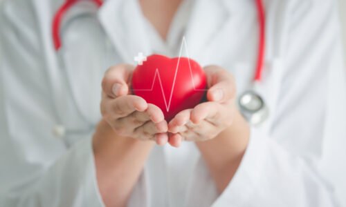 Female medical doctor holding red heart shape in hand with graphic of heart beat, cardiology and insurance concept
